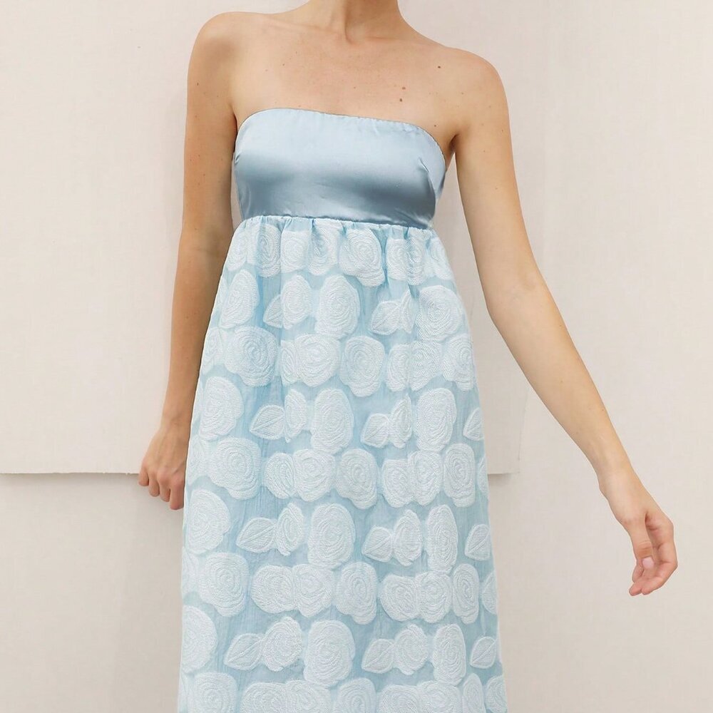Blue Elegant Women's Satin Jacquard Dress - Picture 5 of 6